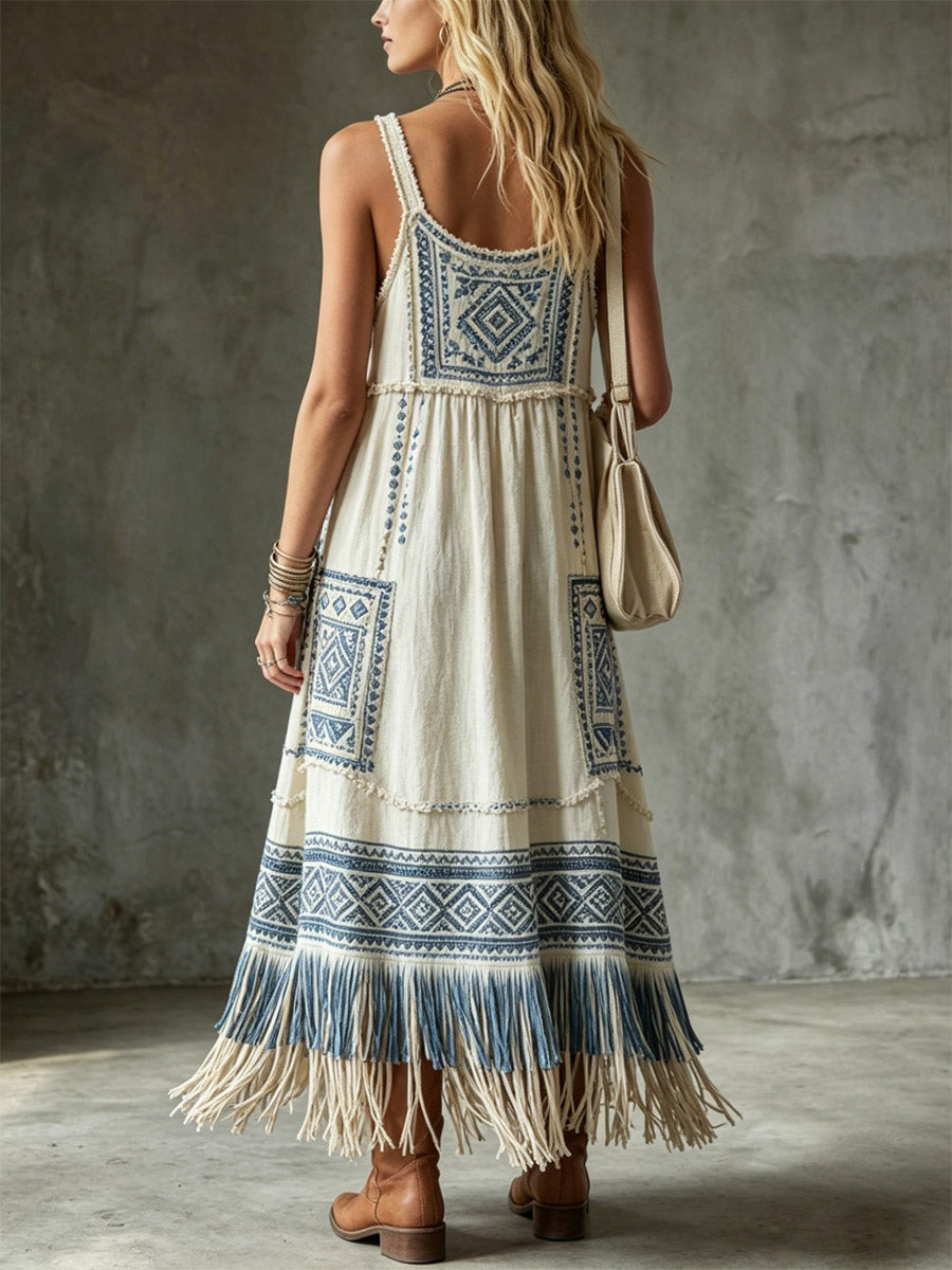 Women's Ethnic Pattern Art Casual Tassel Cotton Linen Dress