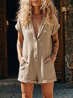 Relaxed Collared Boho Cotton-linen Short Romper With Pockets