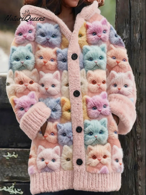 Women's Funny Cats Pattern Art Print Casual Fleece Coat