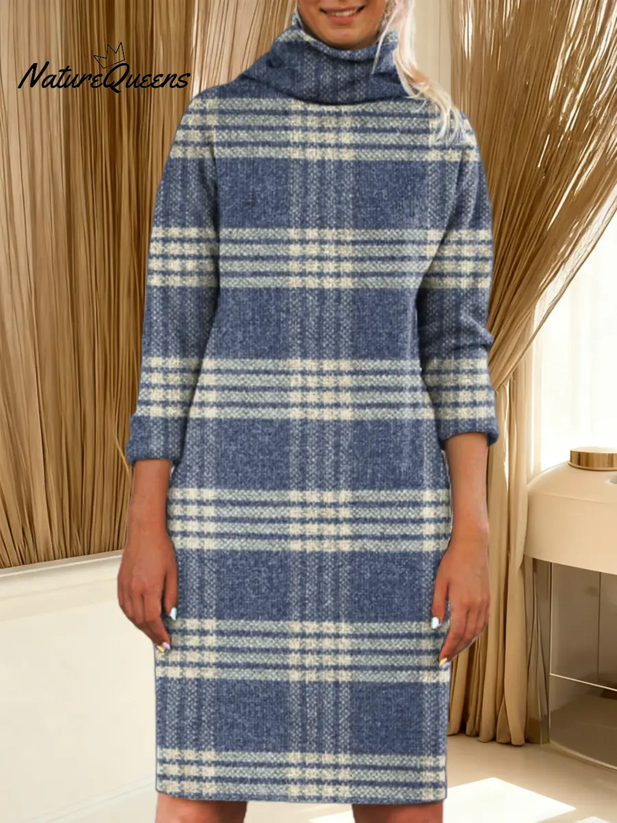 Women's Plaid Pattern Art Print Casual Turtleneck Cotton Knitted Sweater Dress