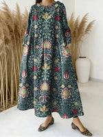 Women's Floral Art Print Peter Pan Collar Long-sleeved Loose Casual Denim Dress