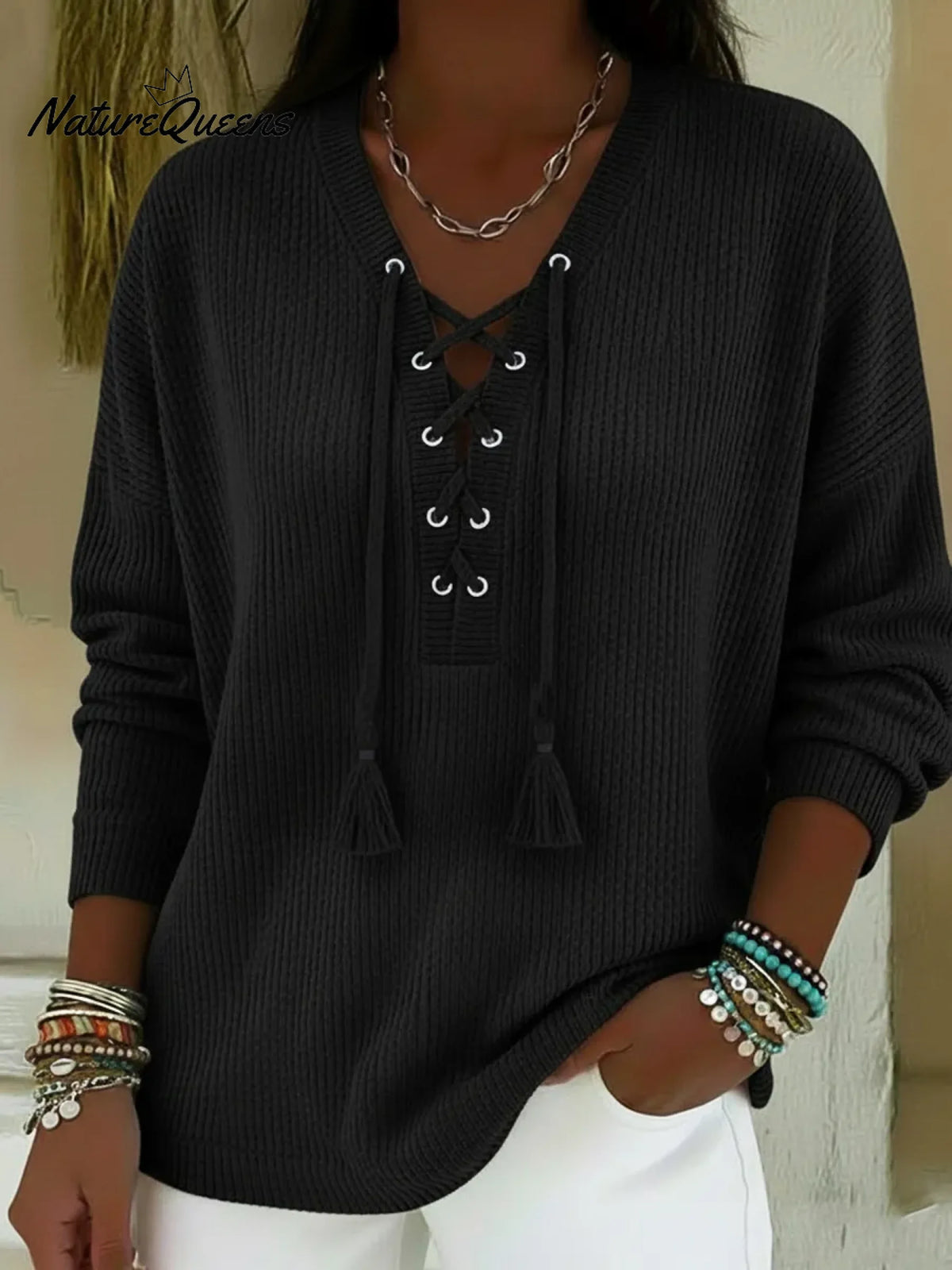 Boho Style Casual V-neck Drawstring Tassel Pullover