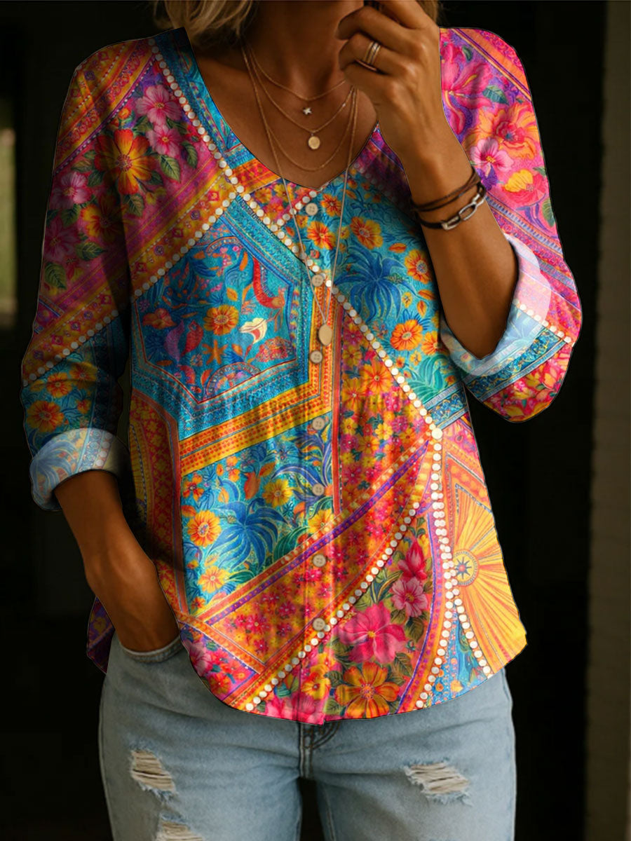 Women's Floral Pattern Art Print Casual Cotton Shirt