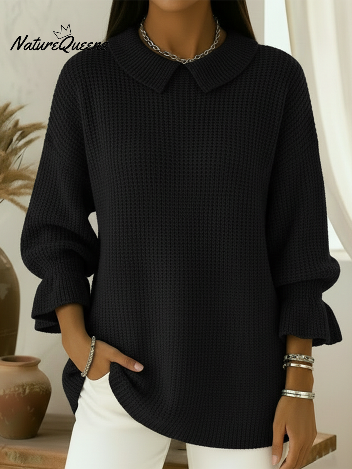 Retro Cozy Peter Pan Collar Lantern Sleeve Sweater