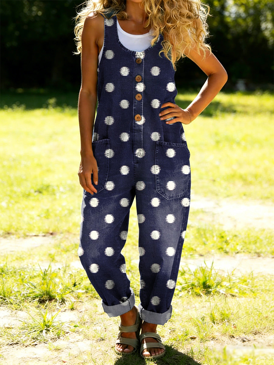 Women's Visual Polka Dot Decorative Patterns Casual Cotton Vest And Denim Jumpsuit
