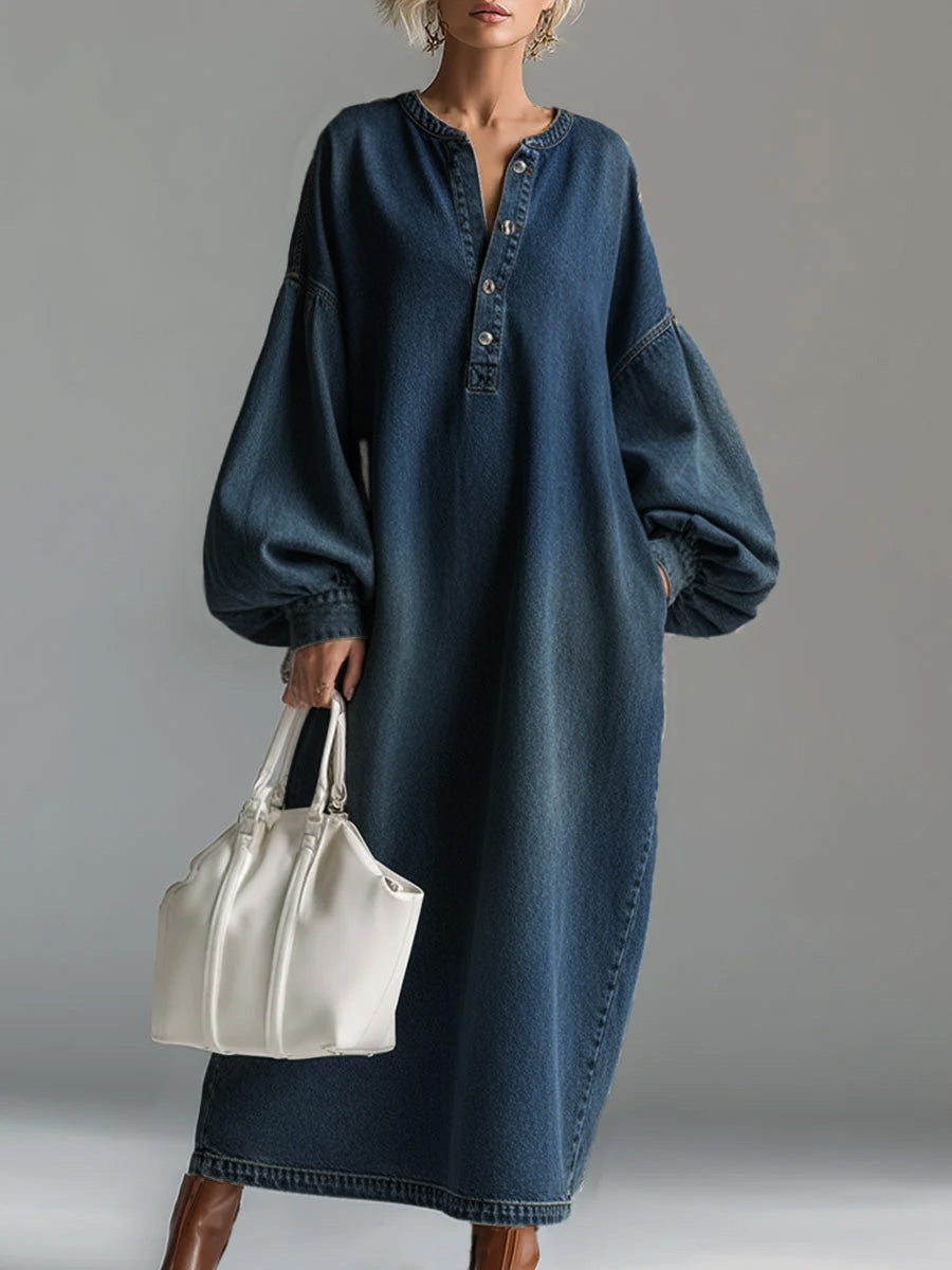 Women's Round Neck Long-sleeved Casual Loose Denim Dress