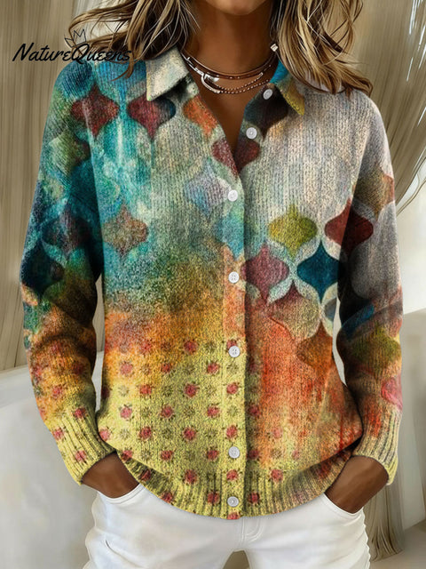 Women's Geometry Gradient Pattern Print Cowl Neck Sweater