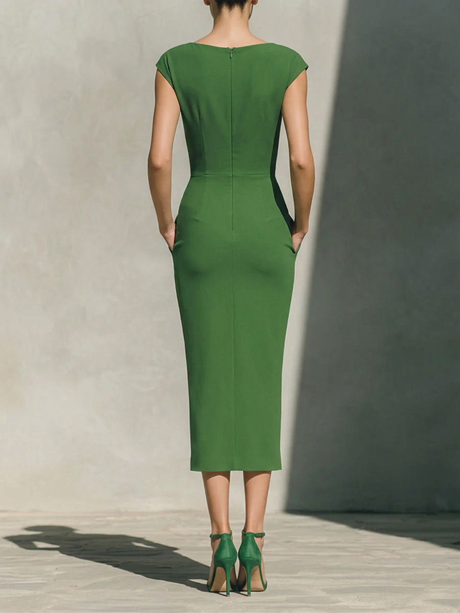 Women's Solid-color Cowl-neck Short-sleeve Casual Slim-fit Stretch Dress