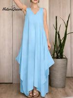 Women's Solid Color V-neck Sleeveless Loose Casual Cotton And Linen Dress