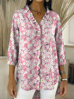 Women's Retro Gradient Flowers Floral Art Casual Denim V-neck Ruffled Shirt