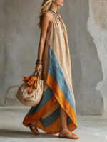 Women's Khaki Color-blocked Hem Cotton-linen Off-shoulder Maxi Dress