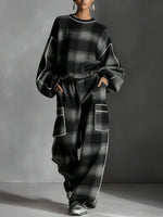 Women's Plaid Print Round Neck Long-sleeve Casual Loose Sweatshirt And High-waisted Wide-leg Pants Set