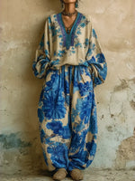 Women's Casual Floral Print Linen And Cotton Top And Pants Two-piece Set