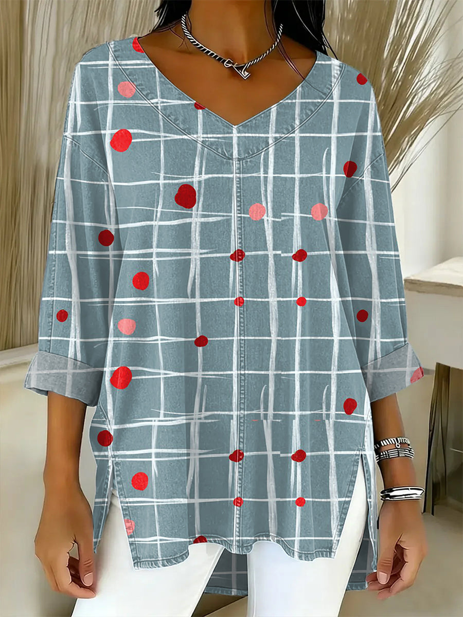 Women's Valentine's Day Heart-shaped Art Print Casual Washed Denim Cotton Top