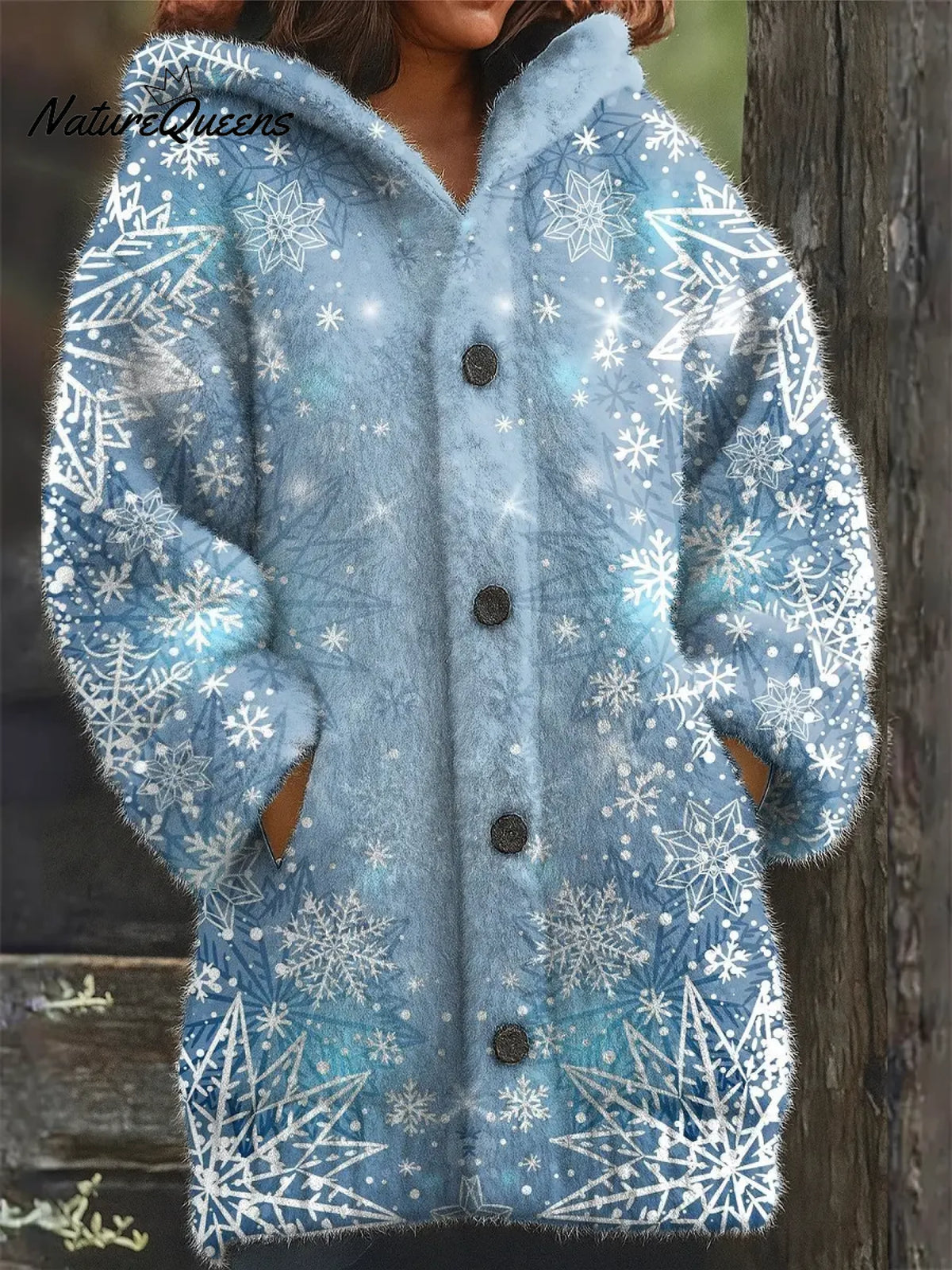 Sparkling Blue Snowflakes Printed Knit Hoodie