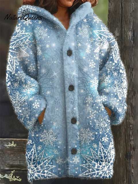 Sparkling Blue Snowflakes Printed Knit Hoodie