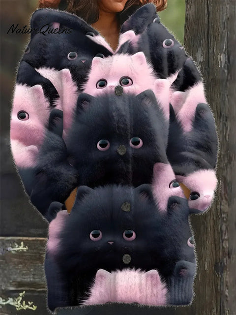 Cozy Cute Cats  Art Print Casual Plush Warm Coat