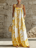 Retro Artistic Print Loose Wide-leg Jumpsuit