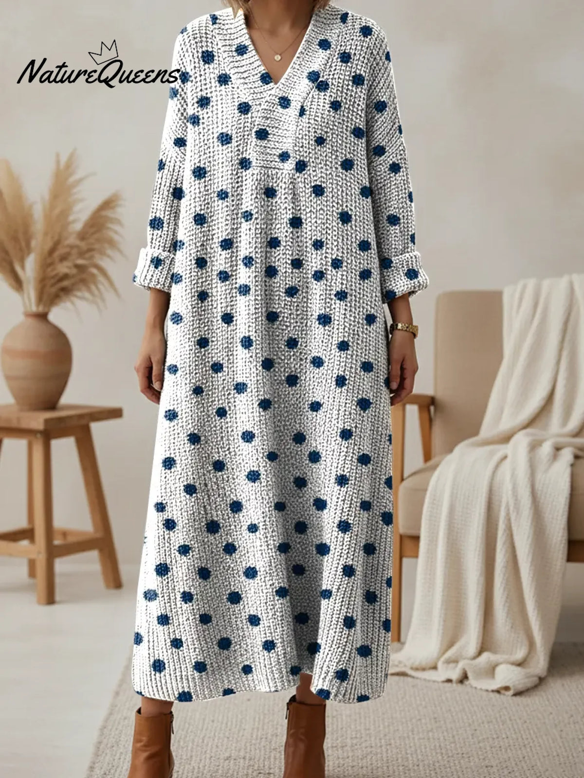Women's Minimalist Polka Dots V-neck Knit Dress