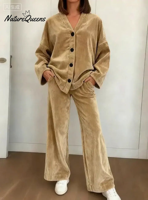 Women's Solid Color V-neck Casual Loose Cardigan High Waist Wide-leg Pants Set