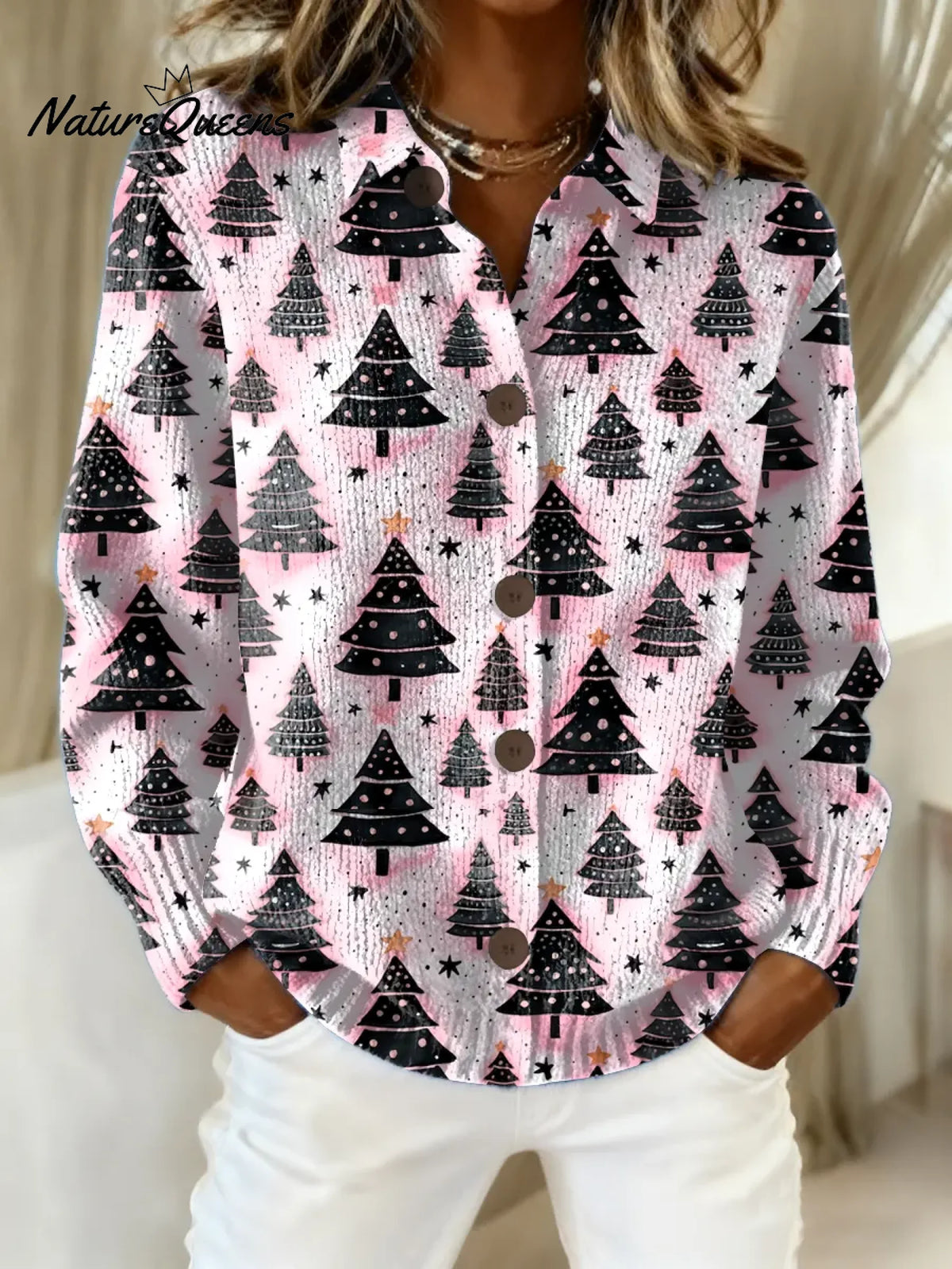 Women's Vintage Christmas Tree Art Print Casual Sweater