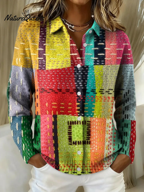 Women's Colorful Art Collage Printed Collared Sweater