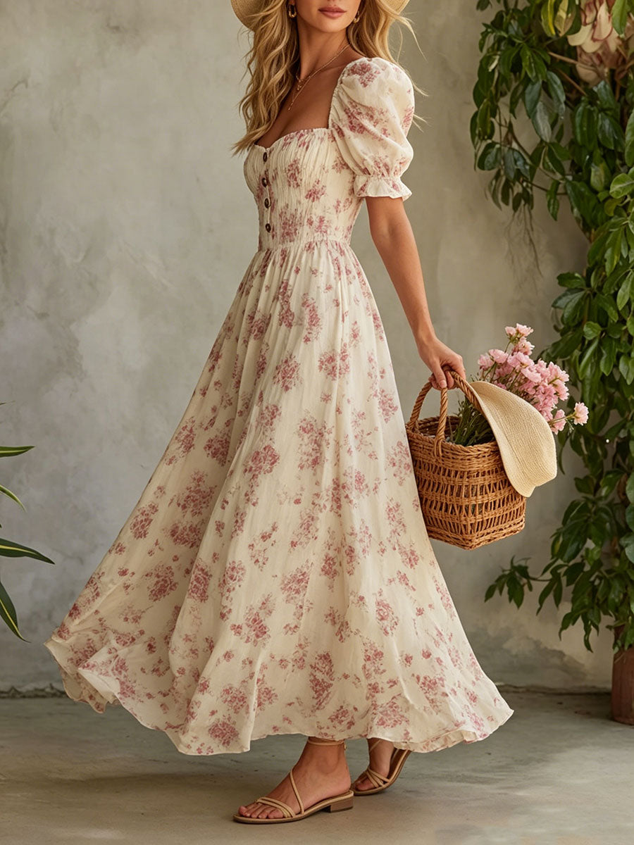 Women's Retro-elegant Pink Floral & Off-white Short-sleeve Square-neck Chiffon Maxi Dress