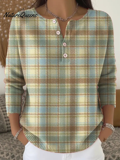 Women's Plaid Pattern Art Print Casual Cardigan Sweater