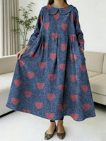 Denim-style Valentine's Day Heart-shaped Decorative Pattern Women's Casual Peter Pan Collar Long Sleeve Dress