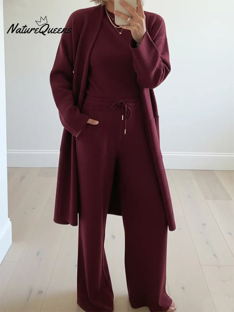 Cozy Casual Travel Knit Cardigan And Pants Three-piece Set
