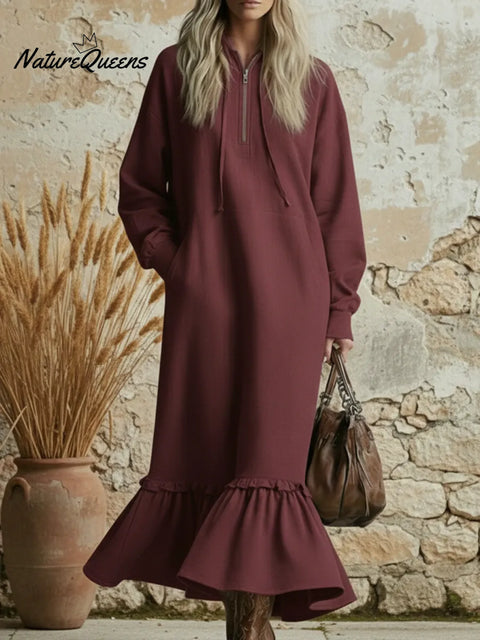 Elegant Zippered Hooded Loose Cotton Dress