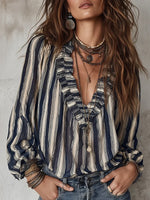 Women's Striped V-neck Ruffled Shirt