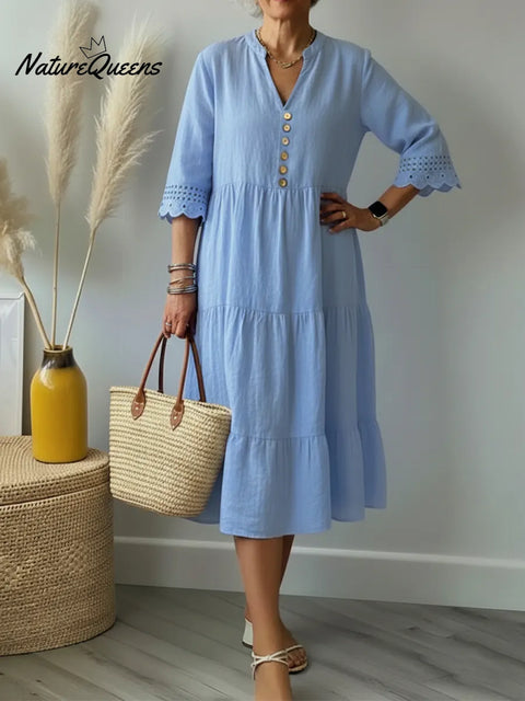 Women's Cotton And Linen Dress With Lace-paneled Sleeves.