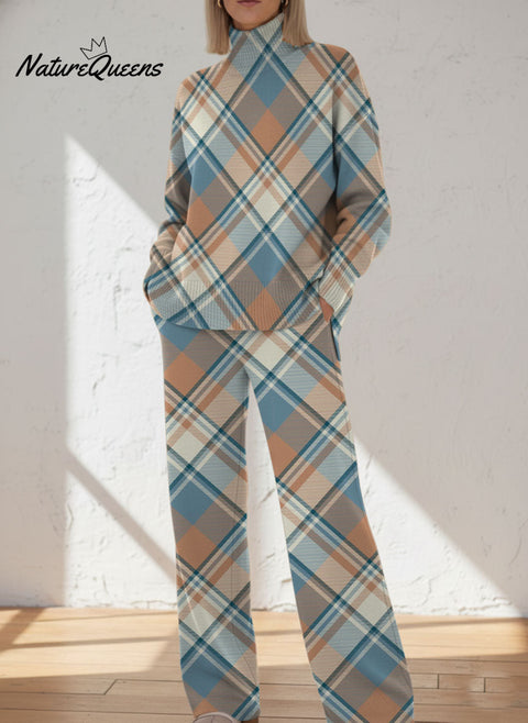 Casual Plaid Decorative Pattern Casual Stand Collar Long Sleeve Top And Casual Long Pants