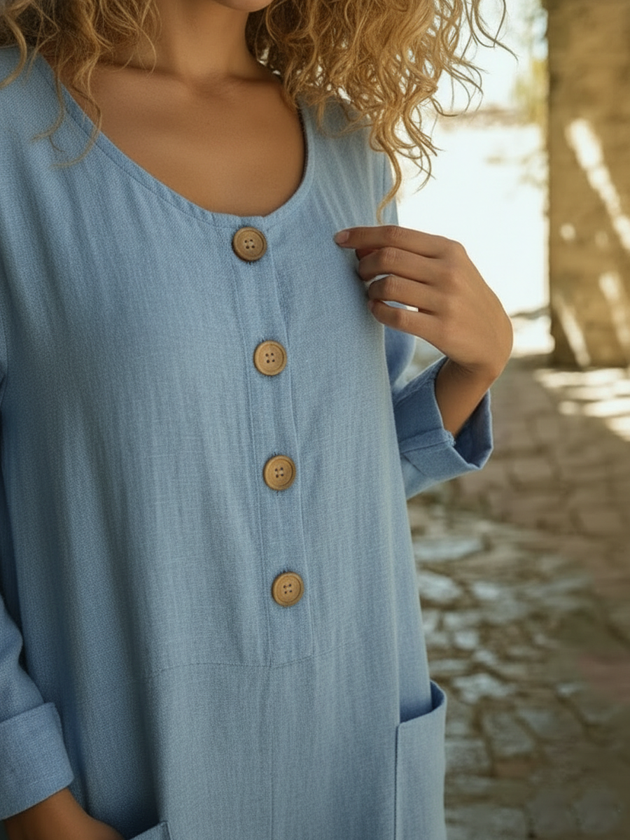 Cozy Round-neck Button-up Linen Jumpsuit