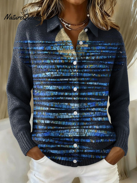 Women's Retro Patchwork Geometric Abstract Pattern Art Print Cowl Neck Sweater