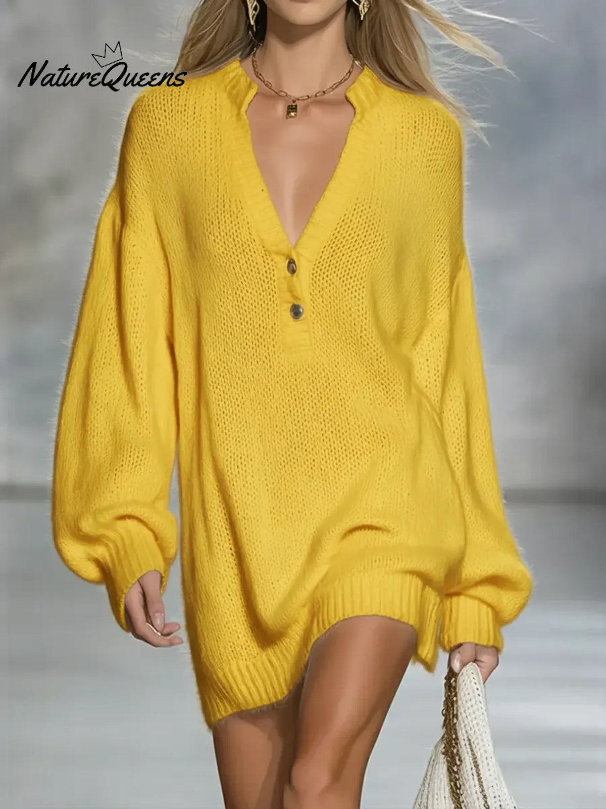 Women's Cozy V-neck Knit Sweater Dress