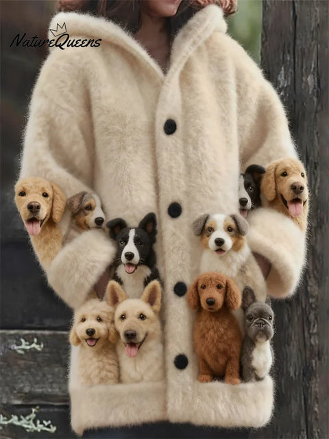 Women's Funny Dogs Pattern Art Print Casual Fleece Coat