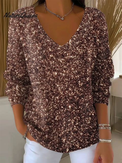 Women's Retro Sparkling Christmas Art Print V-neck  Loose  Sweater