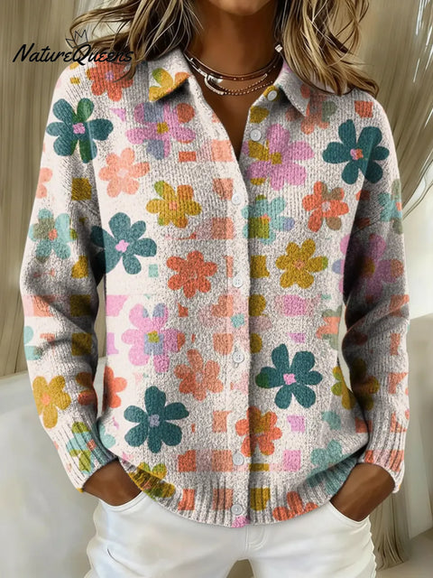 Women's Colorful Little Flowers Printed Collared Sweater