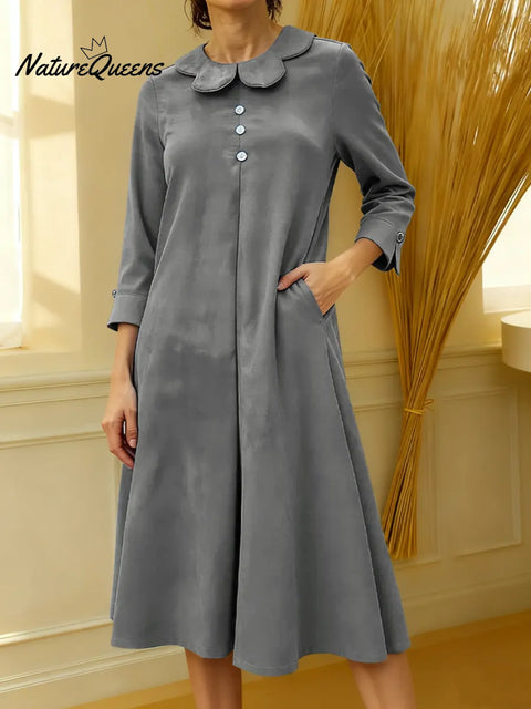 Women's Solid Color Petal Collar Long Sleeve Casual Loose Velvet Dress