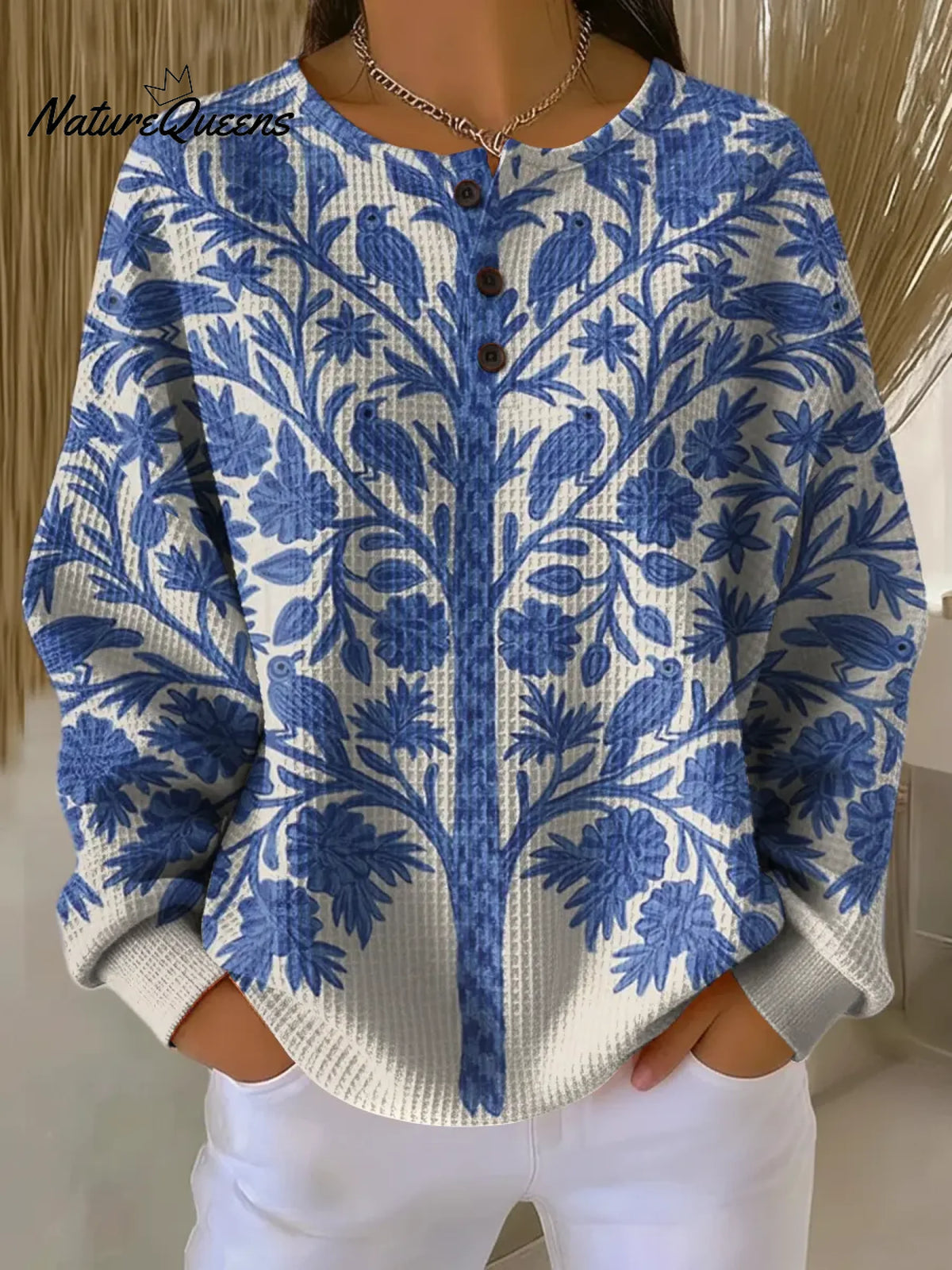 Women's Vintage Tree BirdsPattern Art Print Casual Waffle Sweatshirt