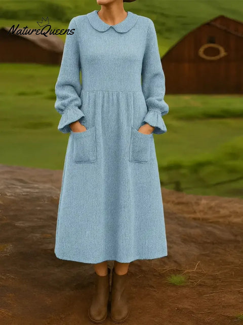 Women's Solid Color Peter Pan Collar Long Sleeve Casual Loose Pocket Knit Dress