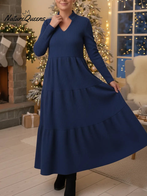 Women's Elegant V-Neck Multi-Layered Hem Knitted Dress
