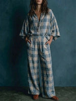 Two-piece Set: Cotton-linen Top With A Partial Button Placket, Plaid Pattern, And Batwing Mid-length Sleeves + Wide-leg Pants With An Elastic Waist.