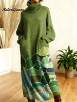 Women's Retro Flowers Geometric Patchwork High-neck Long-sleeve Casual Loose Knit Dress