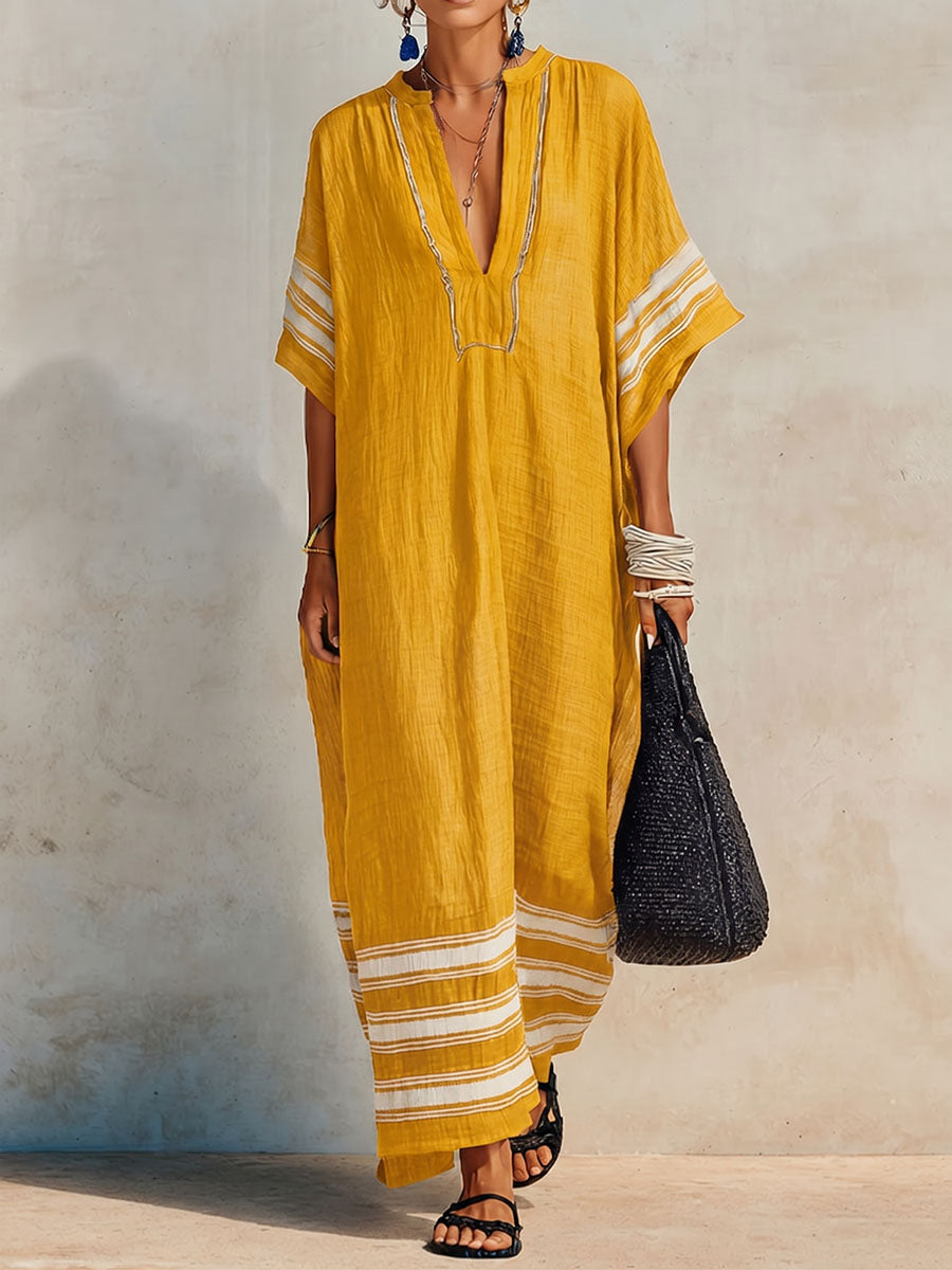 Women's V-neck 3/4-sleeve Casual Loose-fit Cotton-linen Dress