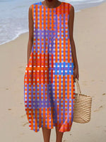 Women's Vintage Geometry Art Print Sleeveless Cotton Pocket Wrap Dress