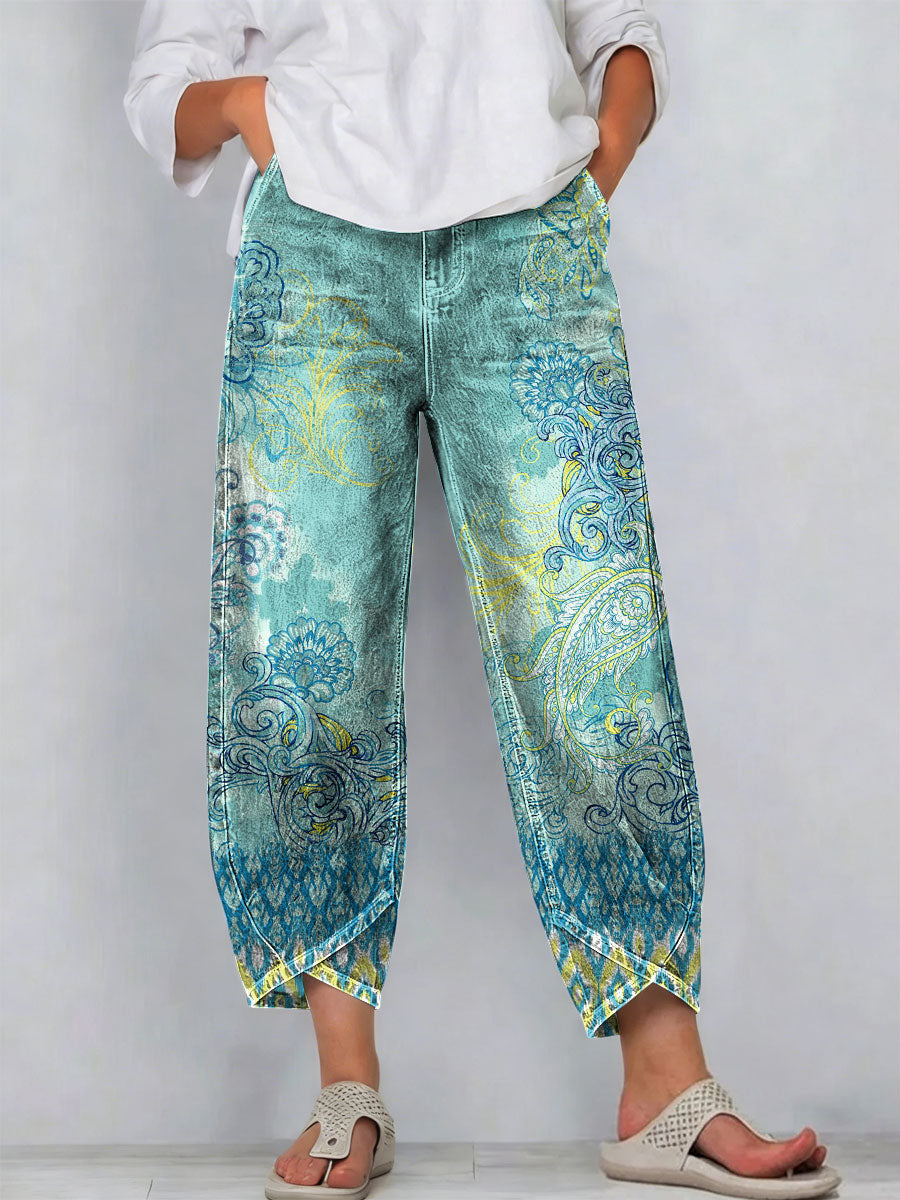 Women's Vintage Nationality Pattern Art Prints Casual Denim Cotton Pants