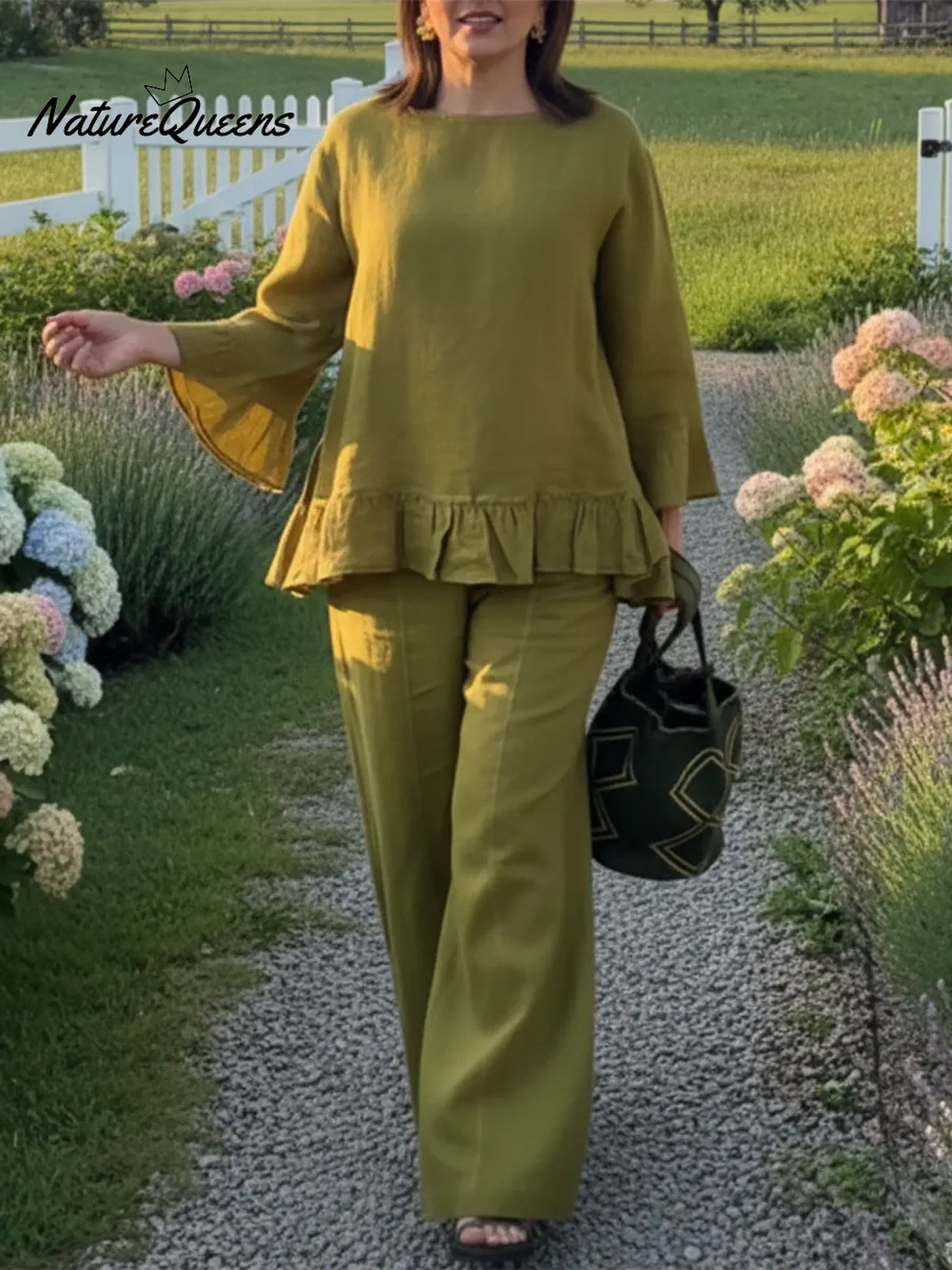 Elegant Ruffled Linen Top And Trousers Two-piece Set